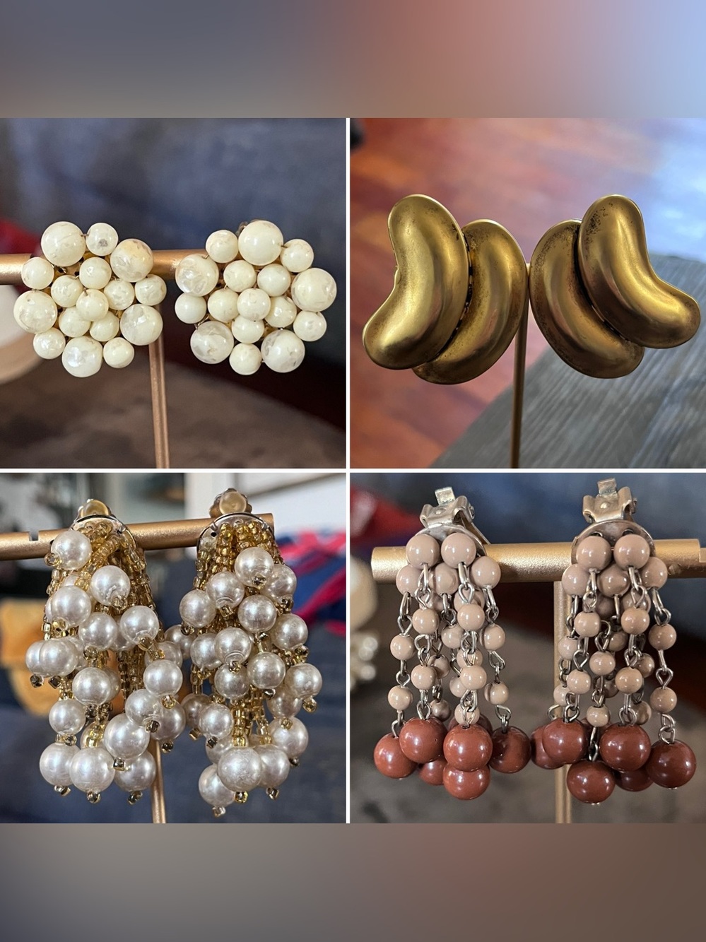 4 Vintage Clip On Women's Bead & Metal Earrings Set - Cream, Gold, Pearl, Blush